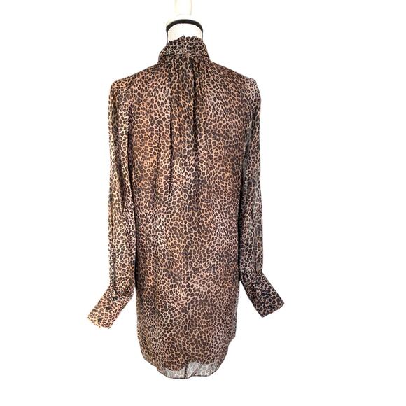 NWT Frame Tie Neck Silk Mini Dress Sz S Leopard Animal Print Long Cuff Sleeves - Picture 4 of 10